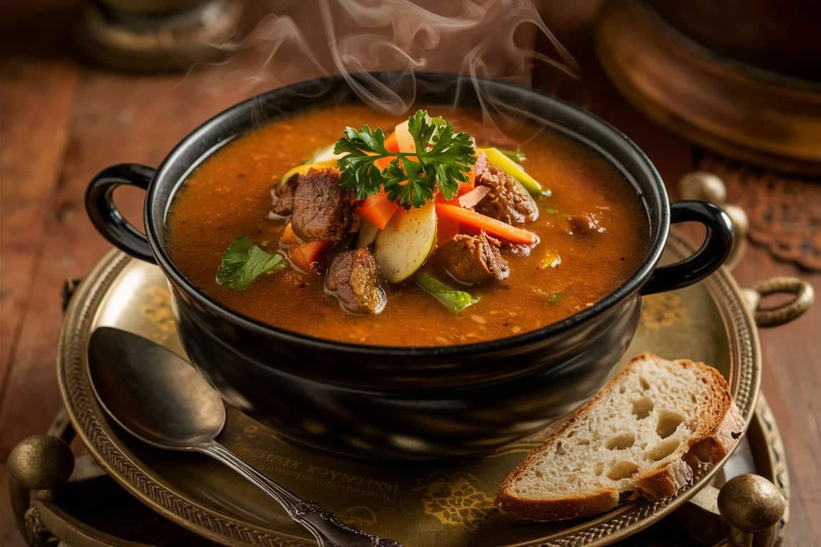 A steaming bowl of classic mock turtle soup with rich broth, tender meat, and fresh herbs, showcasing the history and flavor of this iconic dish.