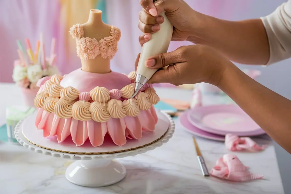 A close-up of a baker piping buttercream rosettes on a Barbie cake.