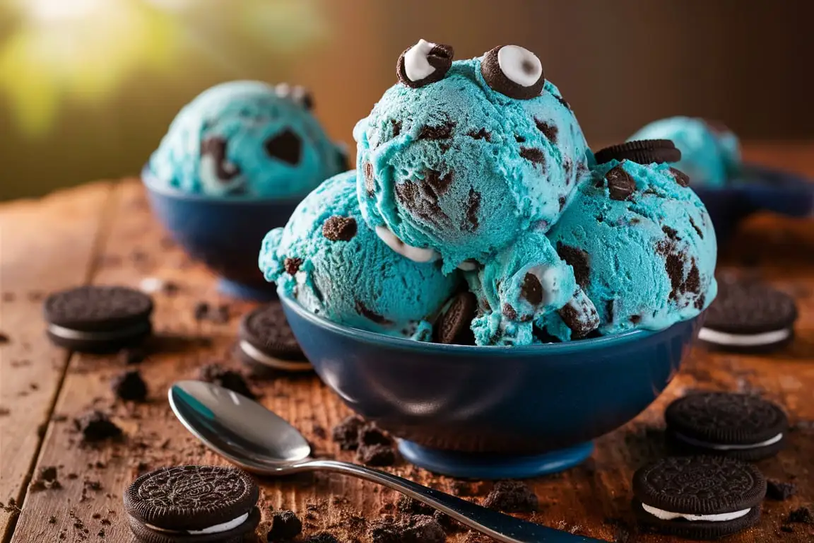 Cookie Monster Ice Cream in a bowl with Oreo and chocolate chip cookies