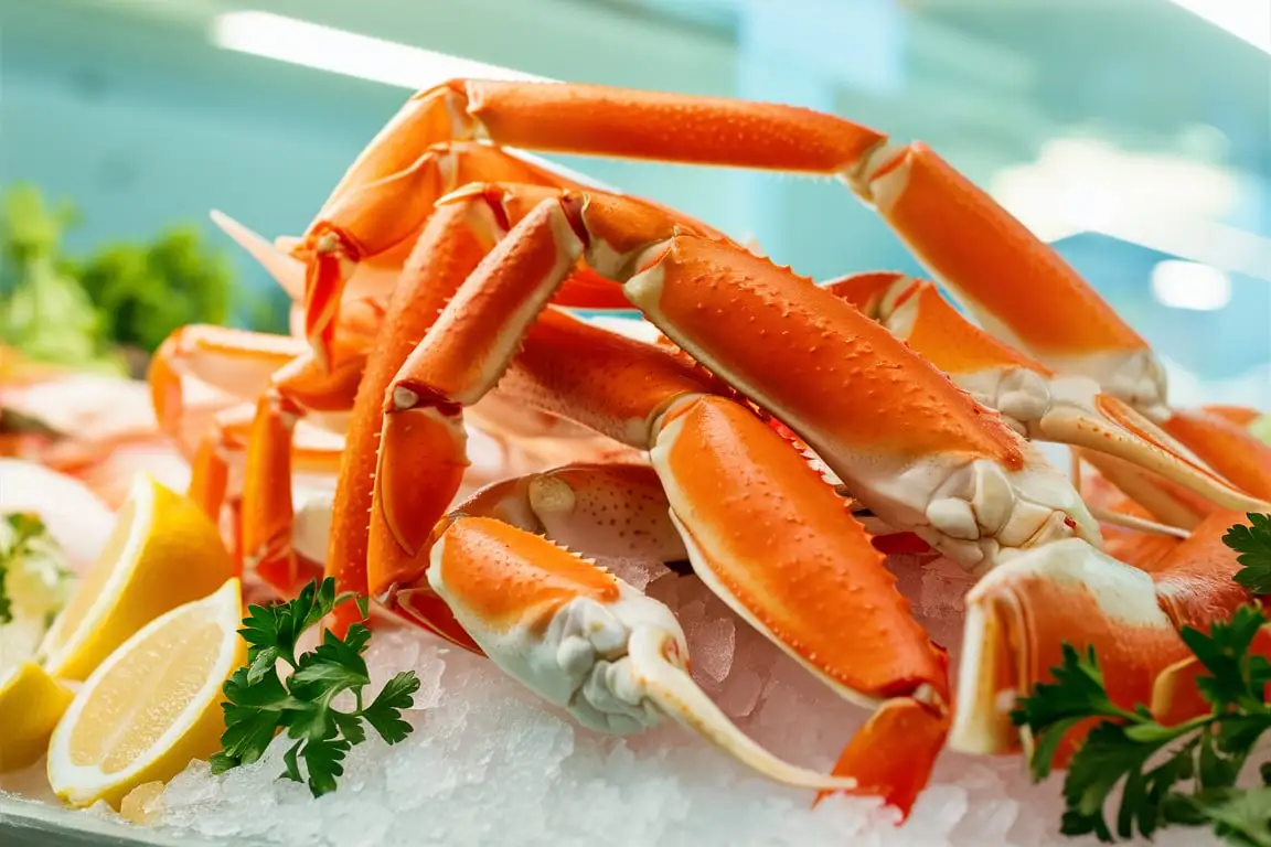 Fresh snow crab legs on ice, ready for cooking