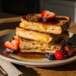 Sourdough French toast served with fresh berries and maple syrup on a rustic wooden table.