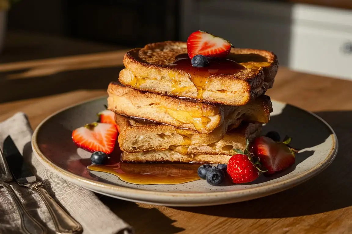 Sourdough French toast served with fresh berries and maple syrup on a rustic wooden table.