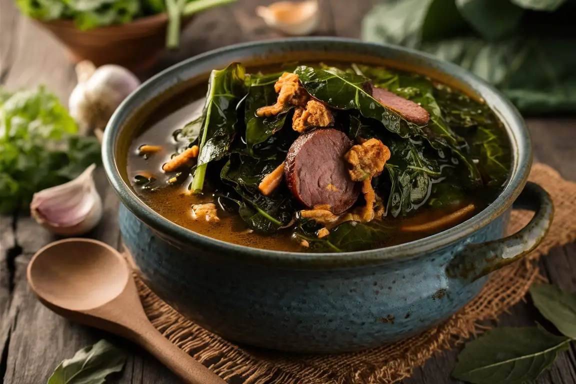 Swamp Soup recipe served in a rustic bowl with fresh greens and sausage