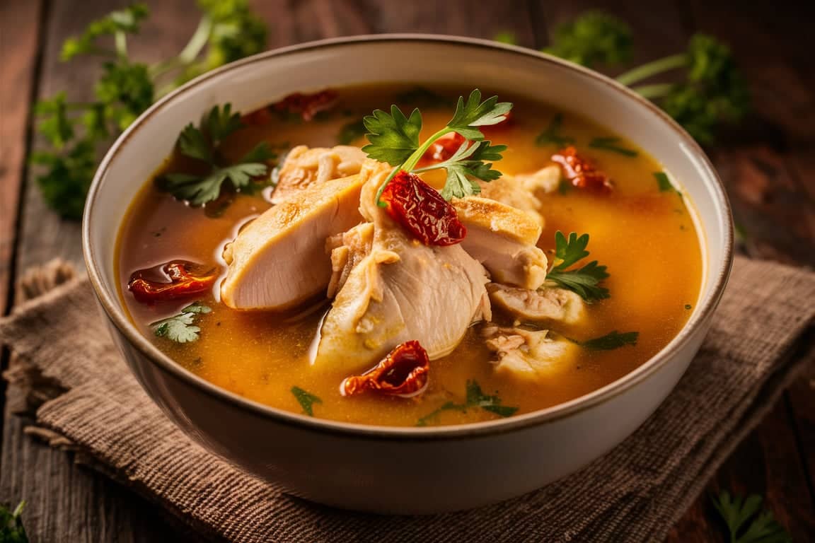 A steaming bowl of Marry Me Chicken Soup, featuring tender chicken, creamy broth, and sun-dried tomatoes, perfect for romantic dinners or cozy family meals.