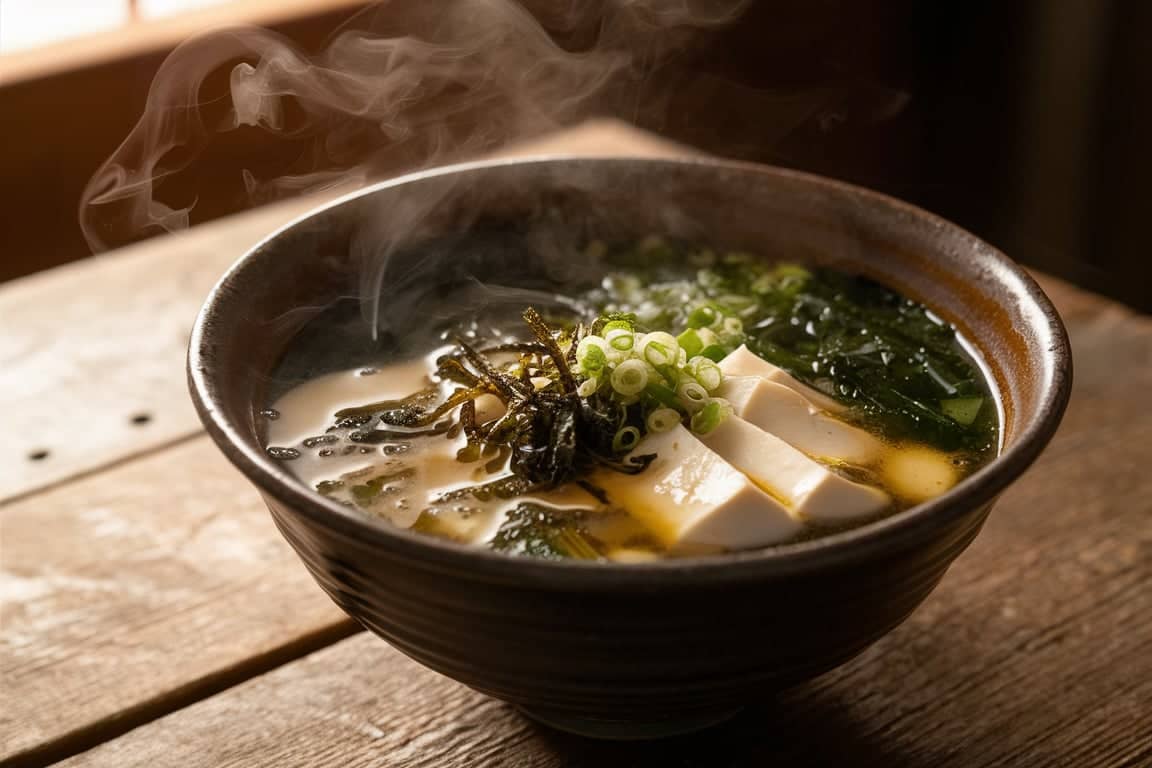 Low-calorie miso soup calories with tofu, seaweed, and steam rising