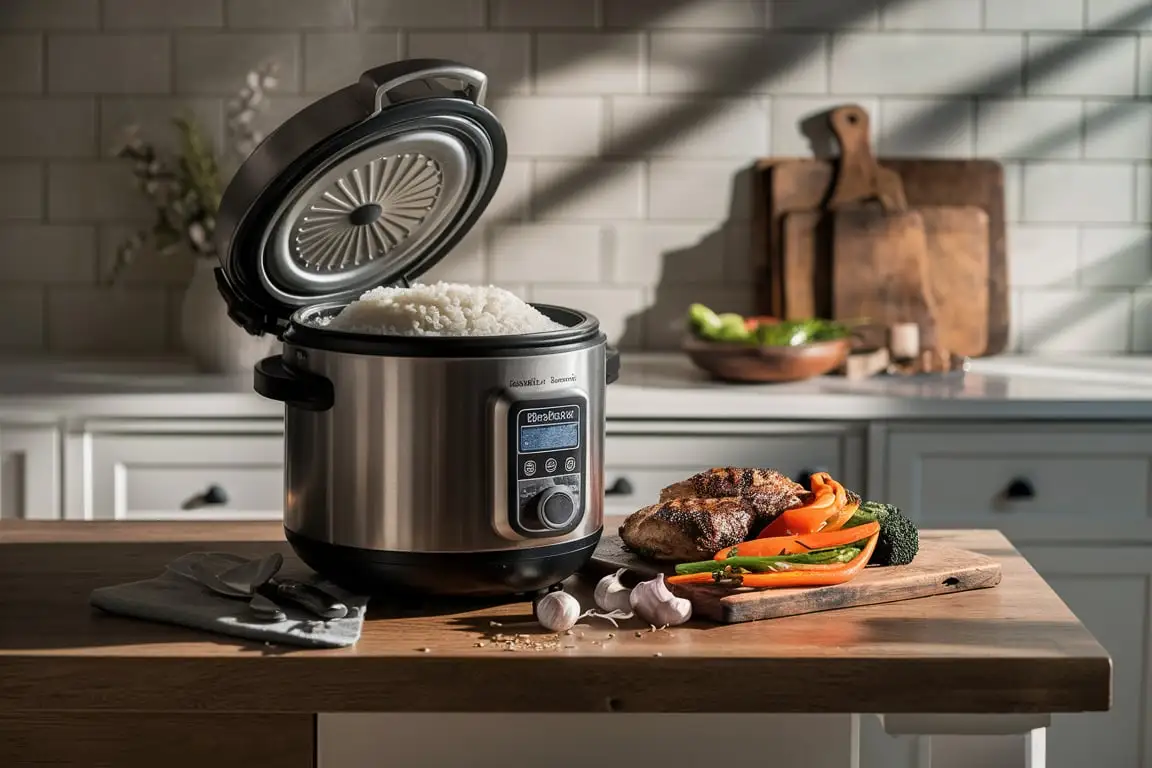 Rice cooker meals with fresh ingredients and a delicious plated dish