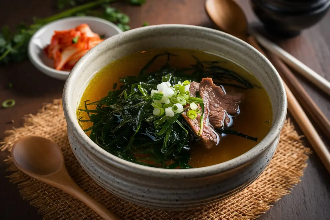 Authentic Korean seaweed soup served in a rustic ceramic bowl.