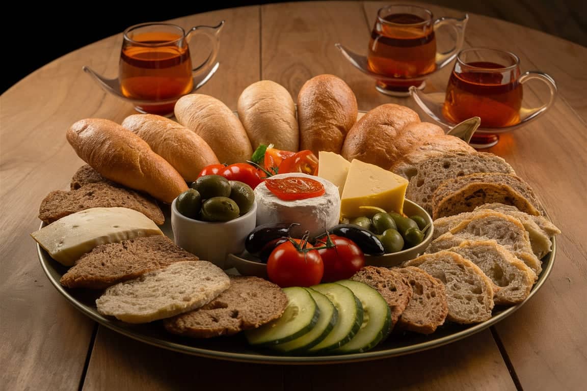 Traditional Turkish breakfast with fresh ingredients like bread, cheese, olives, and tea