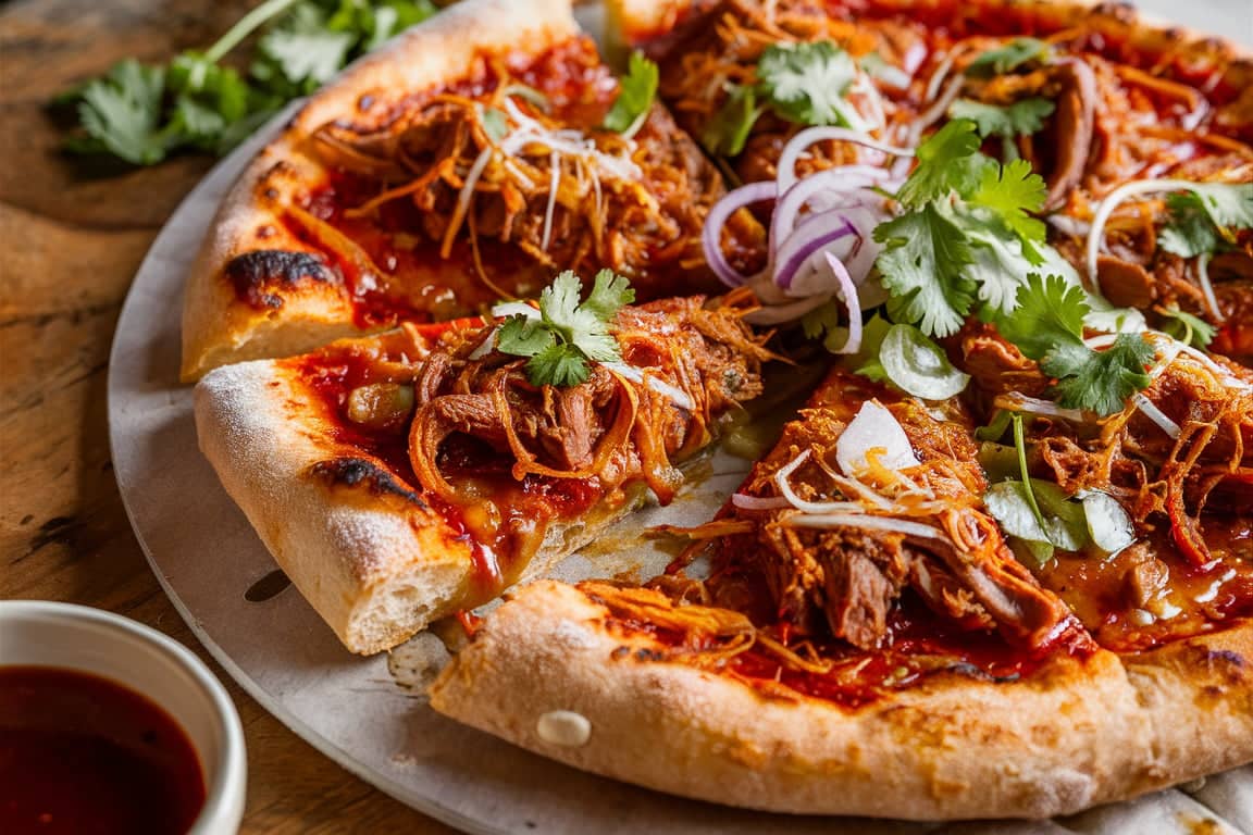 A close-up of birria pizza with melted cheese, tender birria meat, and a side of consommé for dipping