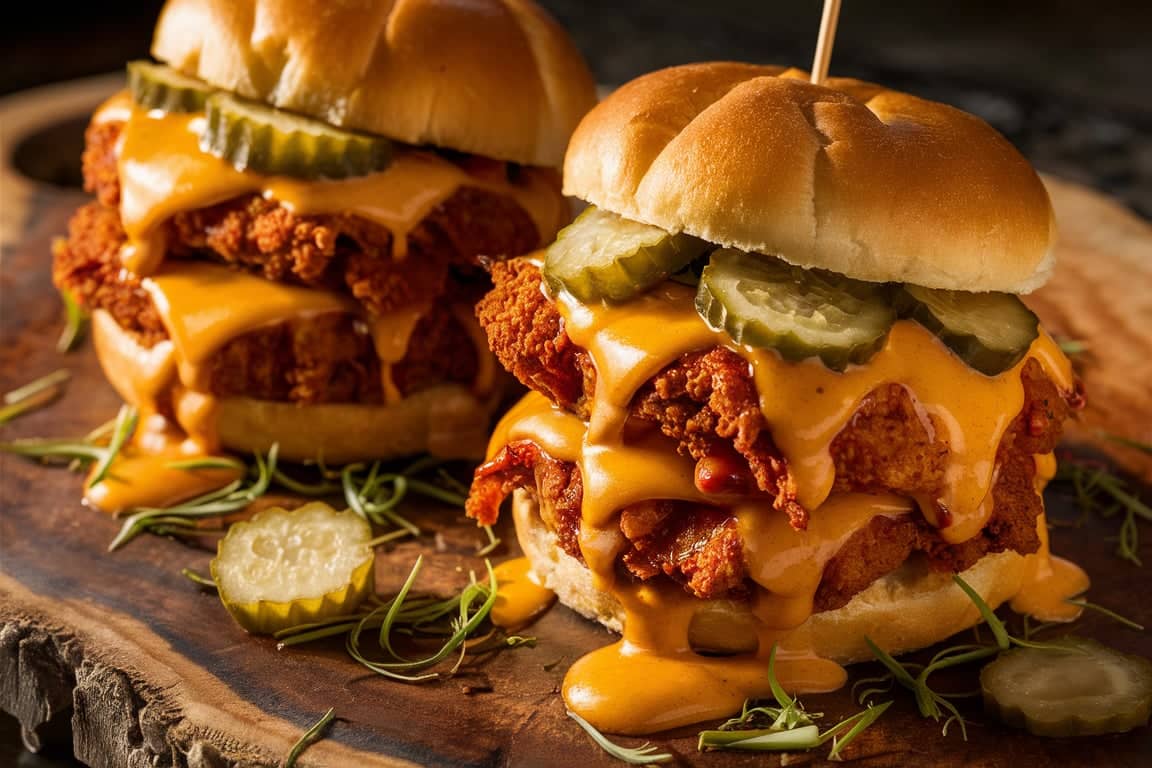 Crispy spicy chicken sandwich with melted cheese and pickles on a toasted bun