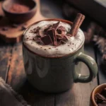 Hot chocolate in a ceramic mug with dark chocolate shavings, served with a cinnamon stick.