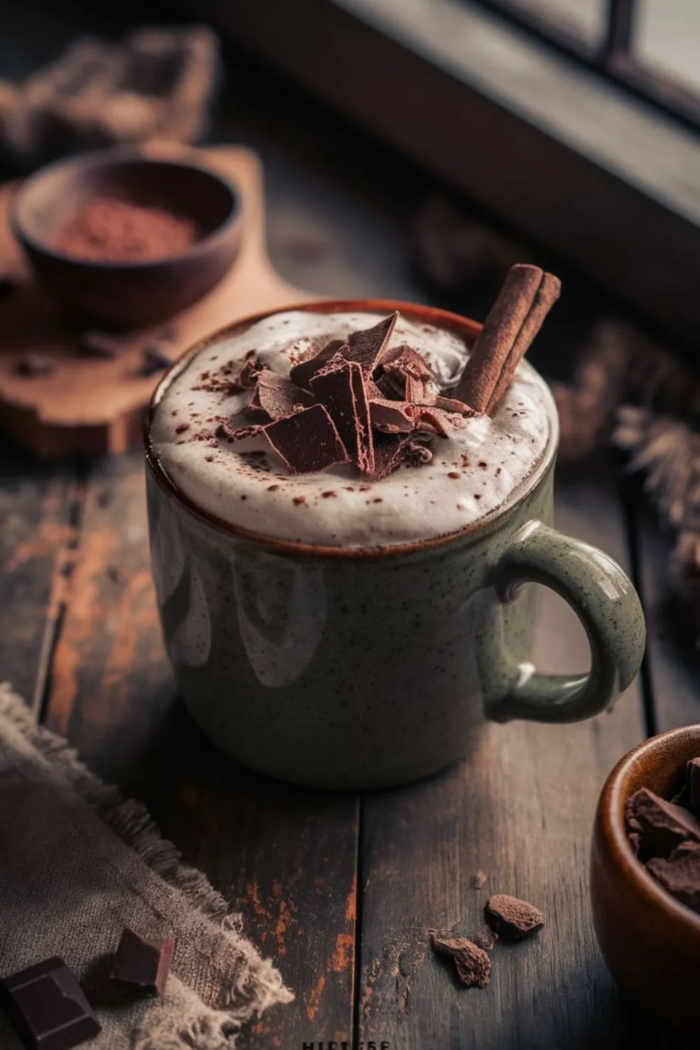 Hot chocolate in a ceramic mug with dark chocolate shavings, served with a cinnamon stick.